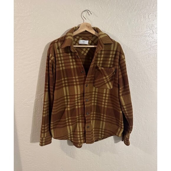 Aritzia Tna Brown Polar Plaid Fuzzy Winter Sweater Jacket - Picture 1 of 10